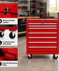 Hella Solid Rolling Tool Chest With Seven Ball Bearing Drawers That Glide Like Butter Plus Lockable Heavy Duty Steel Frame Designed For Garage Auto Shop Or Warehouse Storage In Red, featuring secure locking system.