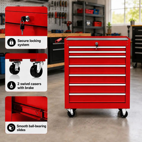 Hella Solid Rolling Tool Chest With Seven Ball Bearing Drawers That Glide Like Butter Plus Lockable Heavy Duty Steel Frame Designed For Garage Auto Shop Or Warehouse Storage In Red, featuring secure locking system.