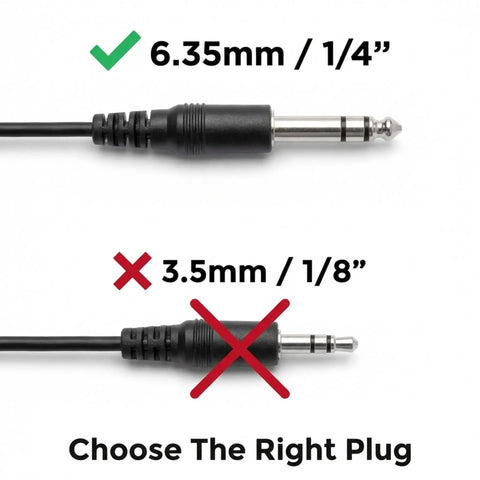 Comparison of 6.35mm and 3.5mm plugs with check mark and cross, highlighting 6.35mm Sustain Pedal For Keyboards And Digital Pianos.