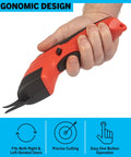 Professional Rechargeable Cordless Electric Scissors Featuring Quick Change Blades For Fabric Leather Cardboard Paper And Crafting Easy One Hand Grip Delivers Sweet Cuts Without Breaking A Sweat Glossy Red in a hand, showcasing ergonomic design.