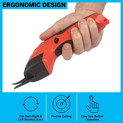 Professional Rechargeable Cordless Electric Scissors Featuring Quick Change Blades For Fabric Leather Cardboard Paper And Crafting Easy One Hand Grip Delivers Sweet Cuts Without Breaking A Sweat Glossy Red in a hand, showcasing ergonomic design.