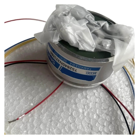 TS2640N321E64 Servo Motor Encoder with wires on foam for robotics and CNC, showing durable industrial build for precise feedback.