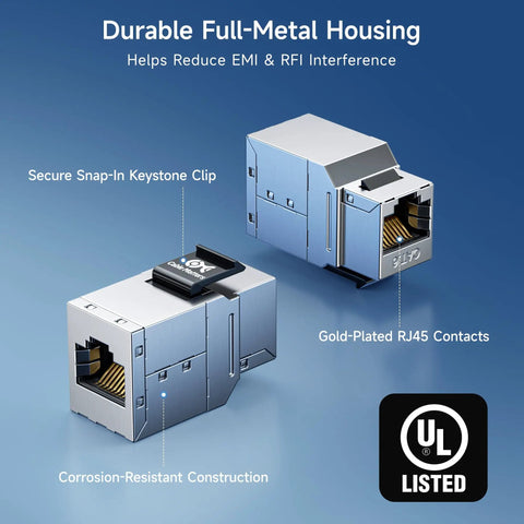 Durable full-metal Cat6 Keystone couplers for patch panels with gold-plated RJ45 contacts and secure snap-in keystone clip.