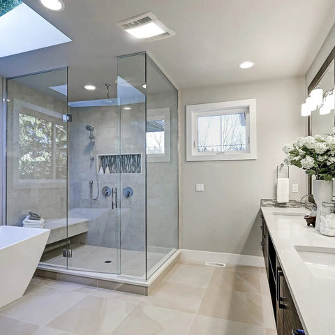 Modern bathroom with skylight, featuring Ultra Quiet 90 CFM Bathroom Exhaust Fan With Light Powerful Moisture And Odor Ventilation For Your Home