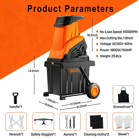 Powerful Electric Wood Chipper Shredder For Quick Yard Cleanup With 1800W Power, 4500 RPM, product parameters diagram