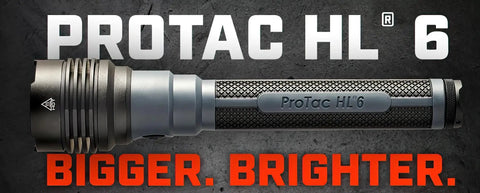 ProTac HL 6 5,300 Lumen Rechargeable Tactical Flashlight with textured grip on dark background