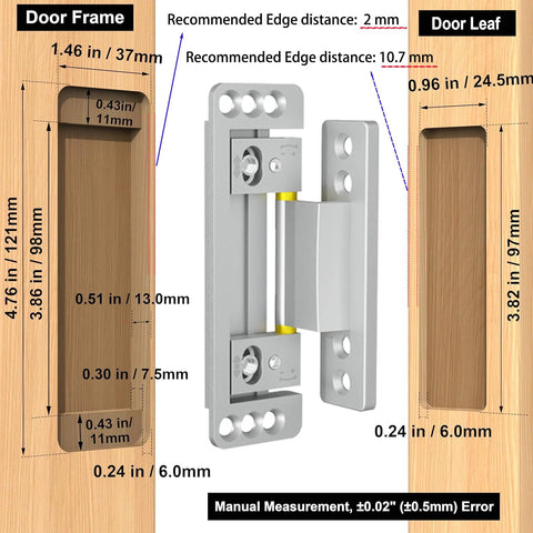 Diagram showing installation dimensions for Ultra Thin Concealed Door Hinges 2 Pack For Secret Doors Invisible Hinges That Are Adjustable