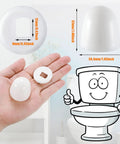 Hand holding toilet bolt cap and washer next to cartoon toilet with dimensions; 32 Pack Universal Toilet Bolt Caps Plastic Round Push On Screw Covers With Extra Washers For Easy Installation No Tools Needed Fits Most Toilets Durable White 1.45 Inch Height highlighted.