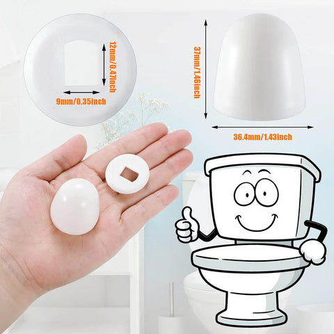 Hand holding toilet bolt cap and washer next to cartoon toilet with dimensions; 32 Pack Universal Toilet Bolt Caps Plastic Round Push On Screw Covers With Extra Washers For Easy Installation No Tools Needed Fits Most Toilets Durable White 1.45 Inch Height highlighted.