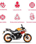 Motorcycle with benefits icons showing good conductivity, long service life, low resistance, output stability, and easy installation.