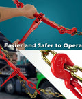 4 Pack Ratchet Chain Binder Set 5/16 In To 3/8 In With 5400 Lbs Working Load Limit in use on a flatbed truck with red finish.