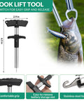 Hook lift tool with stainless steel hook holding fish, part of All In One Fishing Waist Pack Kit With Tackle Box And Lure Kit