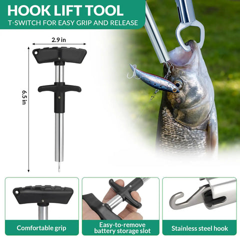 Hook lift tool with stainless steel hook holding fish, part of All In One Fishing Waist Pack Kit With Tackle Box And Lure Kit