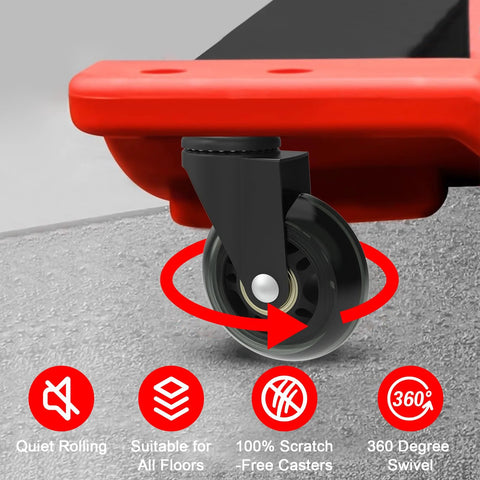 Close-up of 2.5 inch heavy duty swivel caster wheel on a creeper, featuring 360 degree no noise rolling, safe for hardwood floors