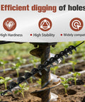 Auger Drill Bit for Planting Bulbs, 2 Inch Diameter, 24 Inch Length, alloy steel drilling in garden soil, showing features.