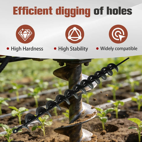 Auger Drill Bit for Planting Bulbs, 2 Inch Diameter, 24 Inch Length, alloy steel drilling in garden soil, showing features.