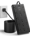 10 Ft Heavy Duty Extension Cord With 13 Hella Spacious Ac Outlets And Dual Usb A Type C Fast Charging Rock Solid Surge Protector Power Strip connected to wall outlet.