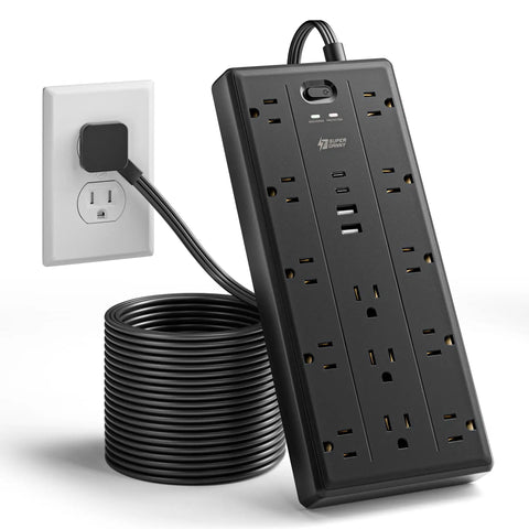 10 Ft Heavy Duty Extension Cord With 13 Hella Spacious Ac Outlets And Dual Usb A Type C Fast Charging Rock Solid Surge Protector Power Strip connected to wall outlet.