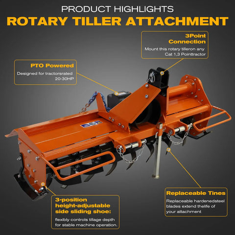 53 Inch Rotary Tiller Attachment For 3 Point Cat 1 Tractors, 540 RPM PTO Driven, with 3-position adjustable sliding shoe.