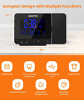 Digital Projection Alarm Clock With Weather Station And Indoor Outdoor Thermometer For Bedrooms USB Charger AC Or Battery Powered Bedroom Friendly All In One Time And Temperature Projection displayed with dimensions and features icons