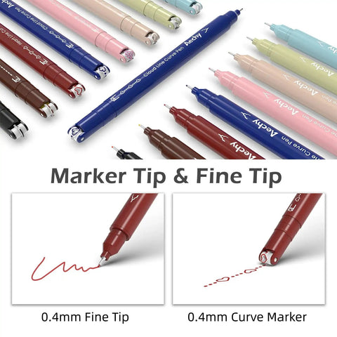 Curve Highlighter Pen Set With Eight Colors And Eight Shapes For Smooth Curved Lines And Fine Tips For Writing Journaling Note Taking Drawing And Scrapbooking Your New Go To School Supplies showing pen tips with sample lines.