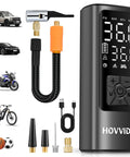 Portable Tire Inflator With Digital Pressure Gauge And Auto Shut Off Cordless Air Compressor for Cars Bikes Motorcycles and Balls Fast Inflation Up To 150 PSI Compact Handy Pump, showing accessories and compatibility icons