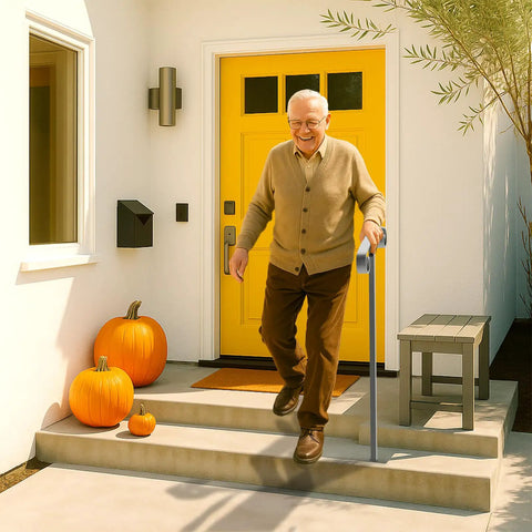 Elderly man using Heavy Duty Black Wrought Iron Single Step Handrail Rust Resistant In Ground Stair Railing For Porches And Decks.