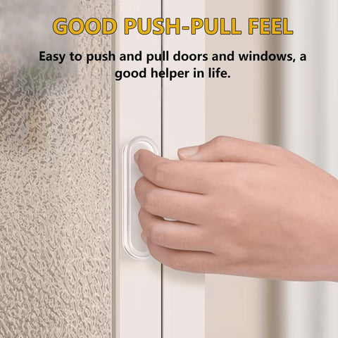 Hand using Four Clear PU Self Adhesive Recessed Finger Pulls 7.5x2.5 Cm Oval Sliding Door Handles for glass window installation