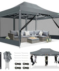 10x15 Heavy Duty Pop Up Canopy Tent With Sidewalls, Waterproof, No Fuss Setup, Mosquito Netting, gray, shown with accessories