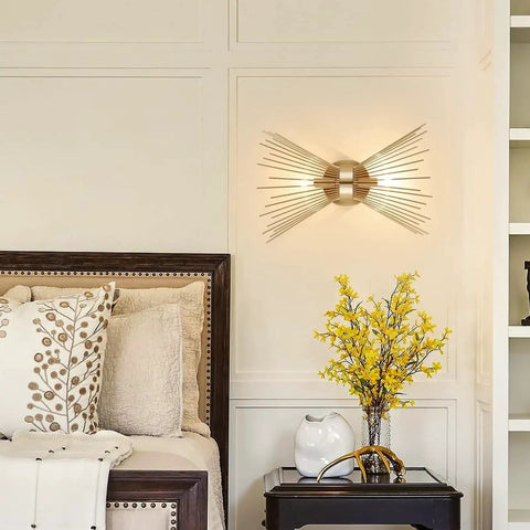 Dope Gold Sunburst Wall Sconce Two Light Fixture For Bathroom And Living Spaces, brass lighting above bedroom bedside table