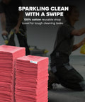 Premium Shop Towels 14x12 Inch Commercial Grade Red 150 Pack stacked for heavy duty cleaning in workshop