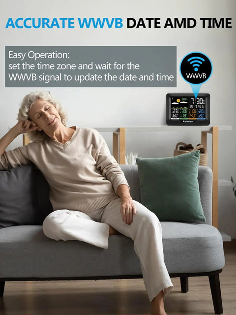 Ultimate Wireless Weather Station With Indoor And Outdoor Temperature And Humidity Readouts Atomic Clock Barometric Pressure Forecast USB Port Four Sensor Zones And A Big Easy To Read Display For Home Office Bedroom displayed on a table behind a relaxed woman in a living room setting.