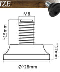 Diagram of M8 furniture jack foot dimensions, 15mm height, 28mm base, part of Set Of 4 M8 Adjustable Furniture Jack Feet For Screws.