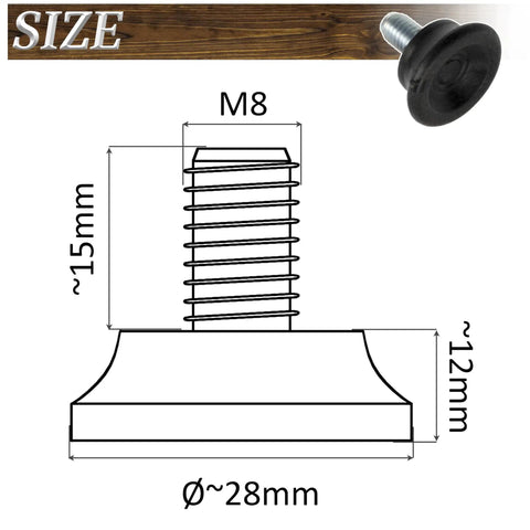 Diagram of M8 furniture jack foot dimensions, 15mm height, 28mm base, part of Set Of 4 M8 Adjustable Furniture Jack Feet For Screws.