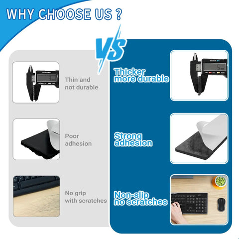 Image comparing premium thick furniture pads showing thicker, durable design with strong adhesion and non-slip features.