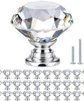 Crystal Cabinet Knobs 30 Pack Set For Dresser And Cabinets, Diamond Glass Pull Handles 1 3/16 Inch With Two Screws, Clear Silver Finish