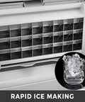 Heavy Duty Countertop Ice Maker With Rapid Freezing And Forty Pounds Daily Output Perfect For Home Bars And Kitchens showing ice tray and cubes.