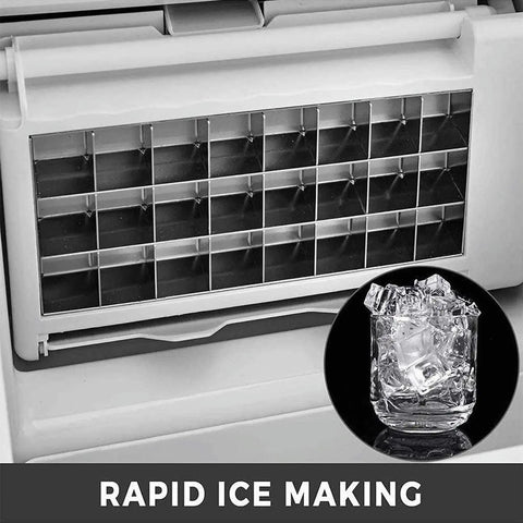 Heavy Duty Countertop Ice Maker With Rapid Freezing And Forty Pounds Daily Output Perfect For Home Bars And Kitchens showing ice tray and cubes.