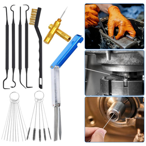 Pro Grade Carburetor Cleaner Kit Torch Tip Cleaner Set With 1 Single Head Brush, 5 Nylon Brushes, 23 Needles, 4 Cleaning Hooks, 1 Scraper, And a Handy Box Of Cleaners Tools For Motorcycles, ATVs, Welders, And Lawn Equipment, shown with assorted cleaning tools