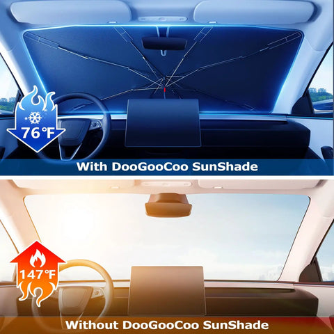Comparison of car interior temperatures with and without upgraded windshield sun shade umbrella for car with reinforced frame and UV block heat shield keeps your ride interior cooler foldable front windshield cover medium 57 by 32 inches installed.
