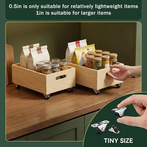 Wooden boxes on a kitchen counter with 12 Piece Small Caster Wheel Set With Low Profile Soft Rubber Fixed Casters For Furniture And Diy Projects Includes 8 Pieces 0.5 Inch And 4 Pieces 1 Inch Non Swivel For Under Bed Drawers Cabinets And Carts.