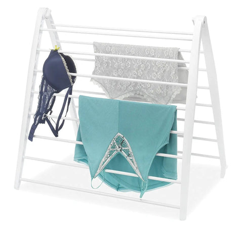 Freestanding Indoor Clothes Drying Rack Foldable Garment Hanger with lingerie and activewear drying in white finish.