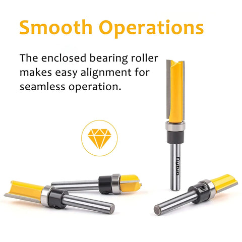 Pattern Flush Trim Router Bit Set With Quarter Inch Shank And Half Inch Cutting Diameter, shown with carbide top bearing
