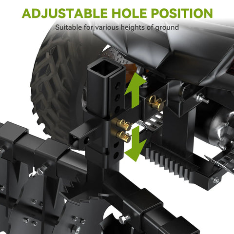 Close-up of 28-Inch Heavy-Duty Disc Plow Harrow With Universal 2-Inch Receiver showing adjustable hole positions for various ground heights.
