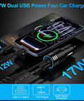 Blazing Fast USB C Car Charger Adapter With 3.4A Output charging a smartphone with coiled cords and dual USB output.