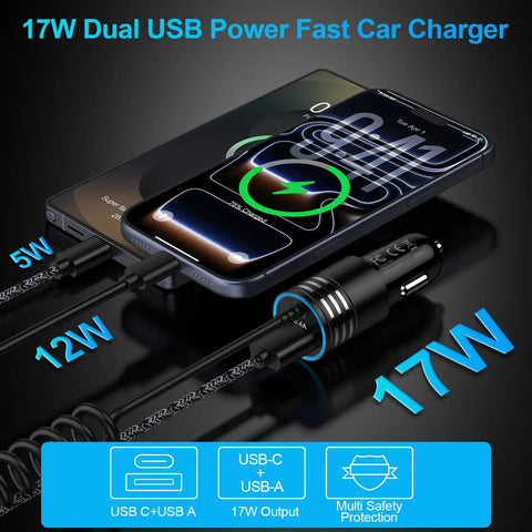 Blazing Fast USB C Car Charger Adapter With 3.4A Output charging a smartphone with coiled cords and dual USB output.