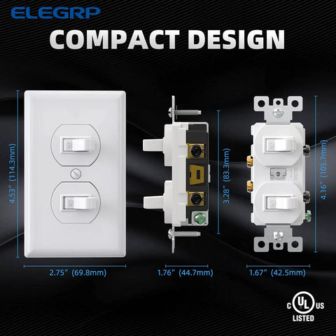 Compact view of Dual Toggle Light Switch In Wall Unit, Two Independent Single Pole 15A 120V Switches, Self Grounding, UL Listed, Glossy White
