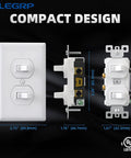 2 Pack Double Toggle Light Switch In Wall Dual Toggle Two Single Pole Switches 15A 120V Self Grounding UL Listed Front and Side View