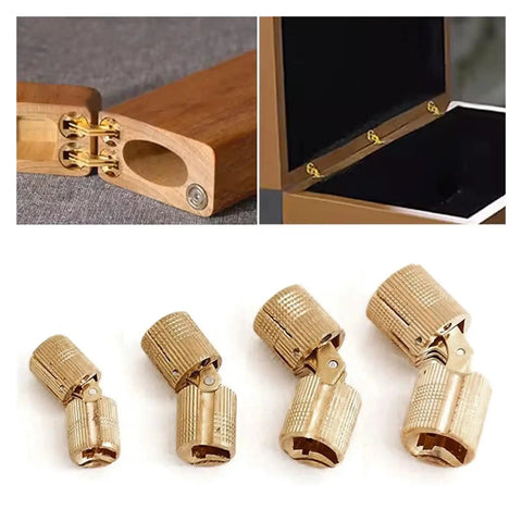 Retro Brass Hidden Barrel Hinge For Cabinets And Jewelry Boxes Concealed 180 Degree Silent Cabinet Hardware, four brass hinges shown