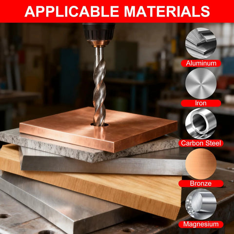 KUNGJUER thread repair kit promo: drill bit drilling copper plate on stacked metals with applicable-materials icons (aluminum, iron, carbon steel, bronze, magnesium).